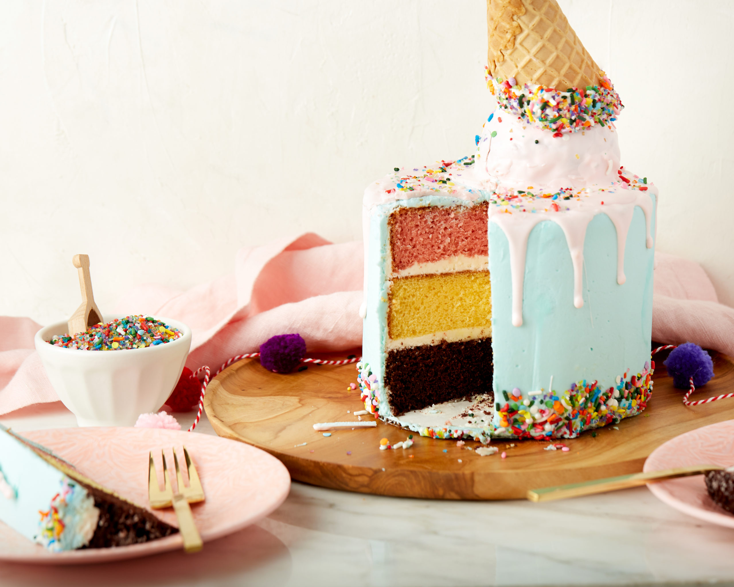 Neapolitan “Melting Ice Cream Cone” Cake | Homemade Ice Cream Cake