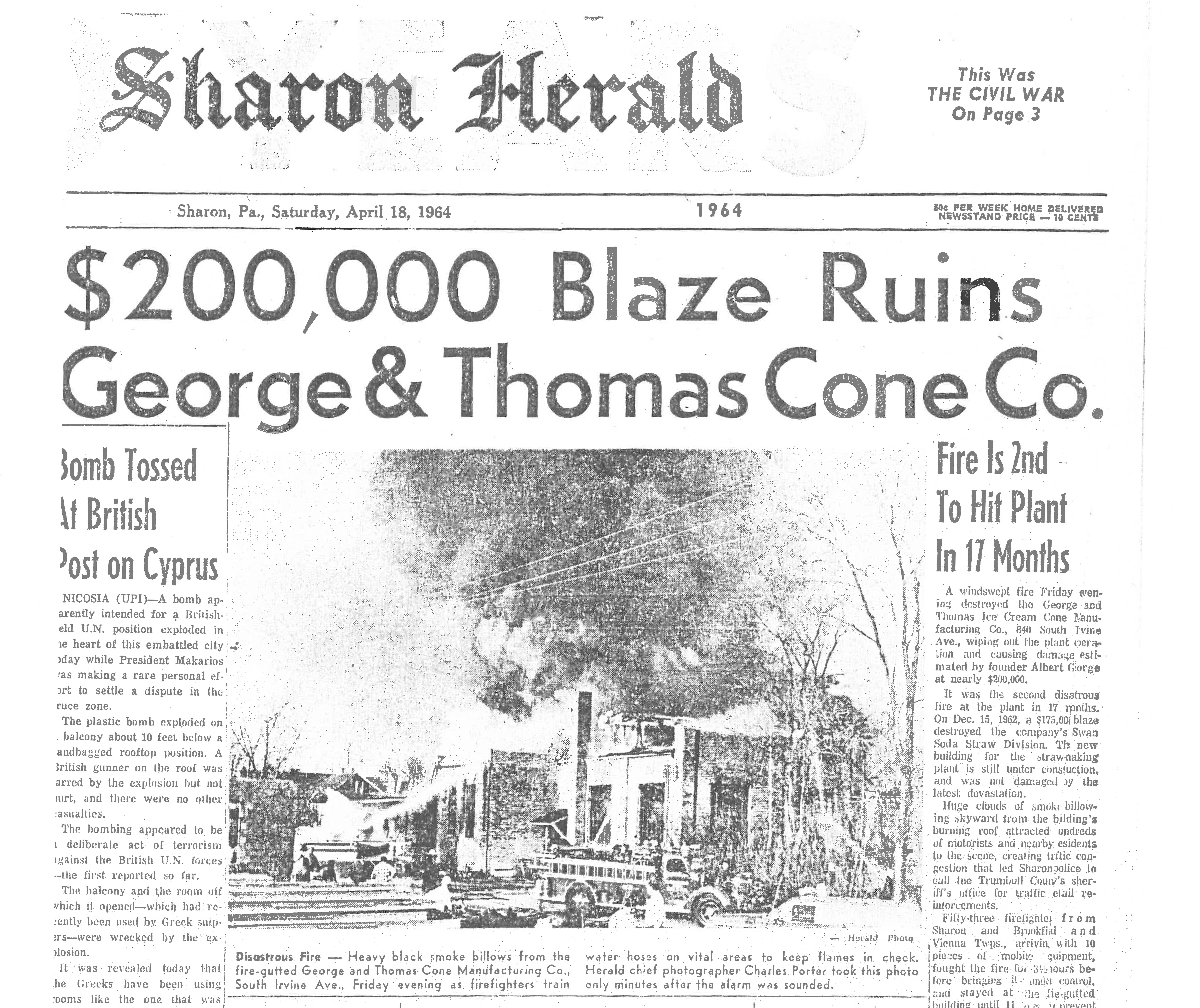 Article taken from the Herald concerning the second fire in 1964 at the at the rear of the second cone company facility located on South Irvine Avenue in Sharon, PA.